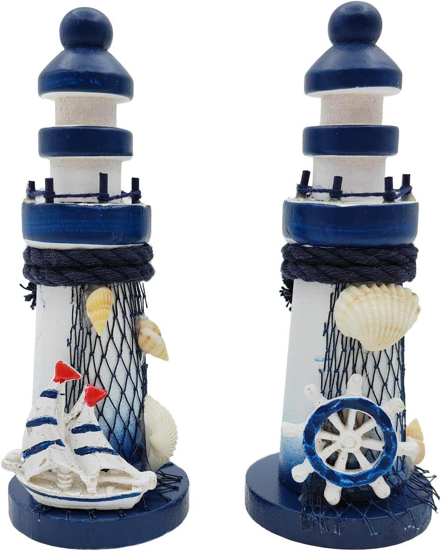 2 PCS Mini Lighthouse Decor, Handcrafted Wooden Miniature Lighthouse Model, Mediterranean Style Ornament, Ocean Tabletop Light House Decorations for Home