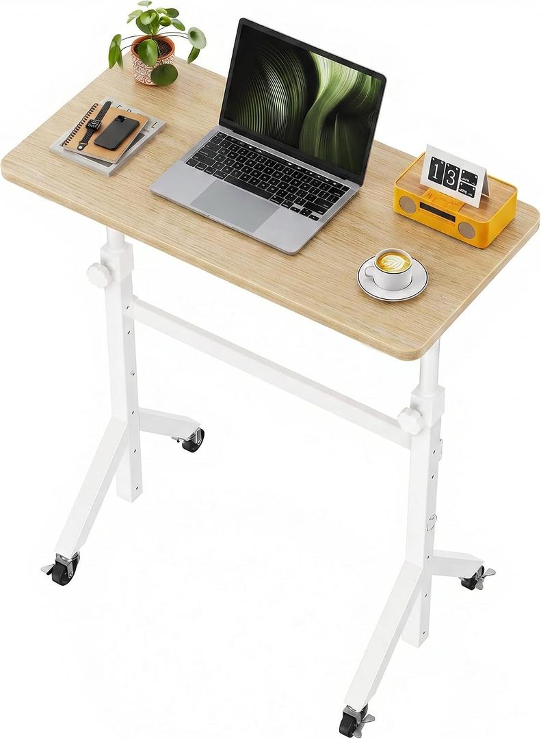 Marsail Mobile Stand Up Desk with Wheels, Adjustable Height Desk from 28.3″ to 46.5″, Rolling Standing Desk with Lockable Wheels, Portable Small Desk for Walking Pad and Treadmill, Nature, 31.5" x 15.7"
