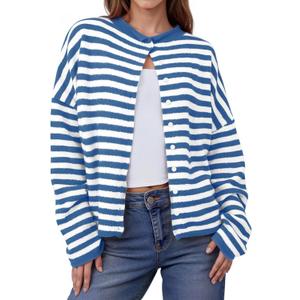 Womens Striped Cardigans Lightweight Casual Button Up Sweaters Long Sleeve Loose Knit Cardigan Sweater Fall Winter (X-Large, Blue)