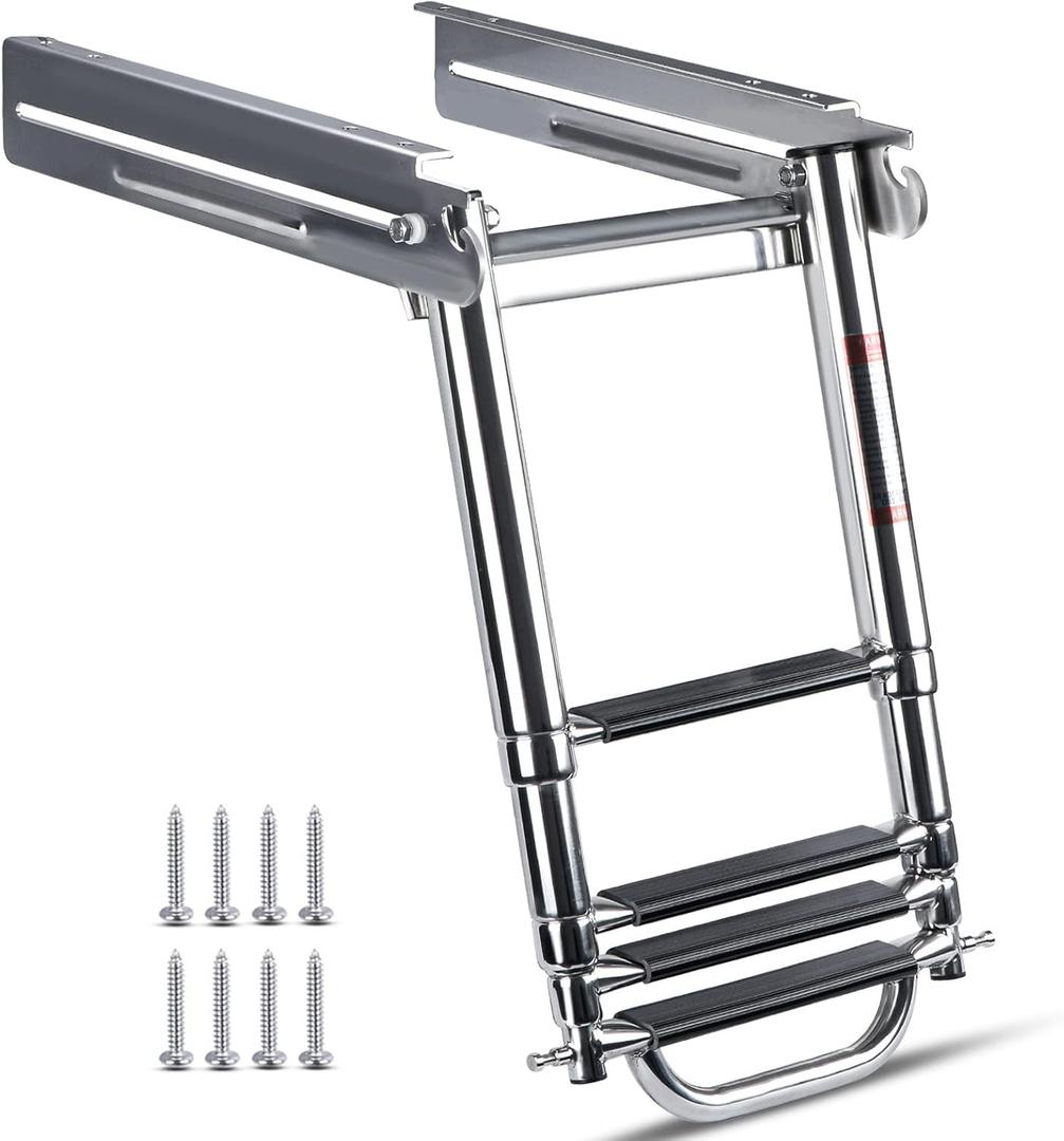 Marinebaby 3-4 Step Ladder Under Platform Slide Mount Boat Boarding Ladder, Telescoping Ladder with a Carry Handle and Mounting Screws, Press-Type Spring Latch (4 Steps)