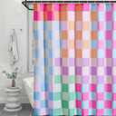RoomTalks Multicolored Checkered Retro Fabric Shower Curtain for Bathroom, Heavy Duty Pastel Rainbow Colorful Modern Simple Groovy Funky Shower Curtain Set with Hooks Aesthetic Bathroom Decor (72"W x 72"L (Pack of 12), Pastel Colorful)