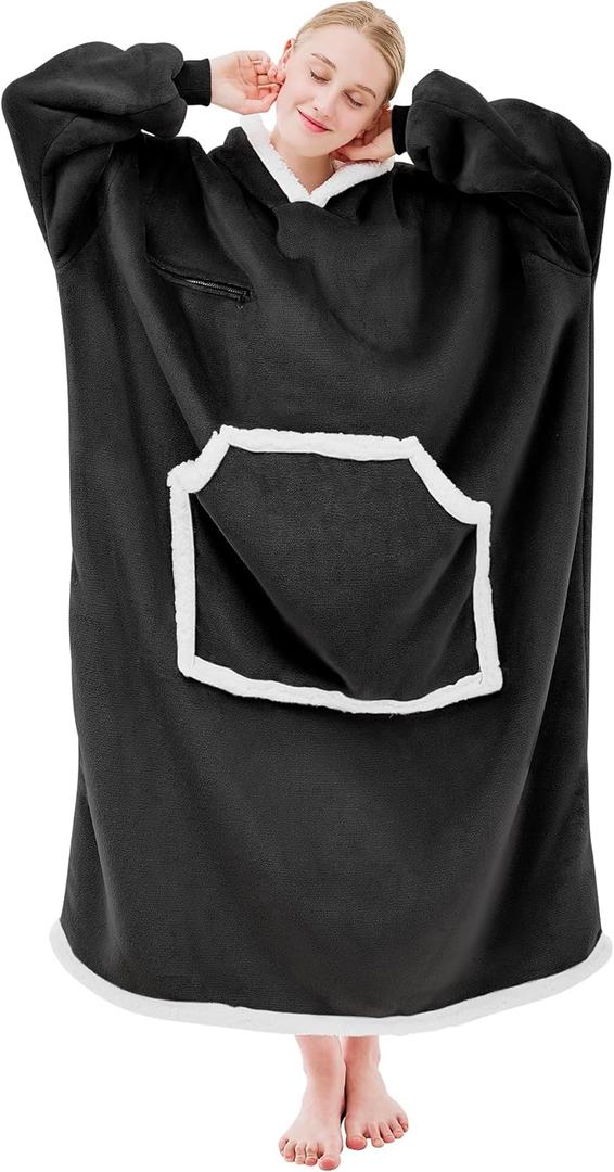 IFNOW Wearable Blanket Hoodie, Oversized Sherpa Fleece Hooded Sweatshirt with Eye Mask, Cozy and Giant Blanket Hoodie with Sleeves Extra Long for Adults Men Women, Black