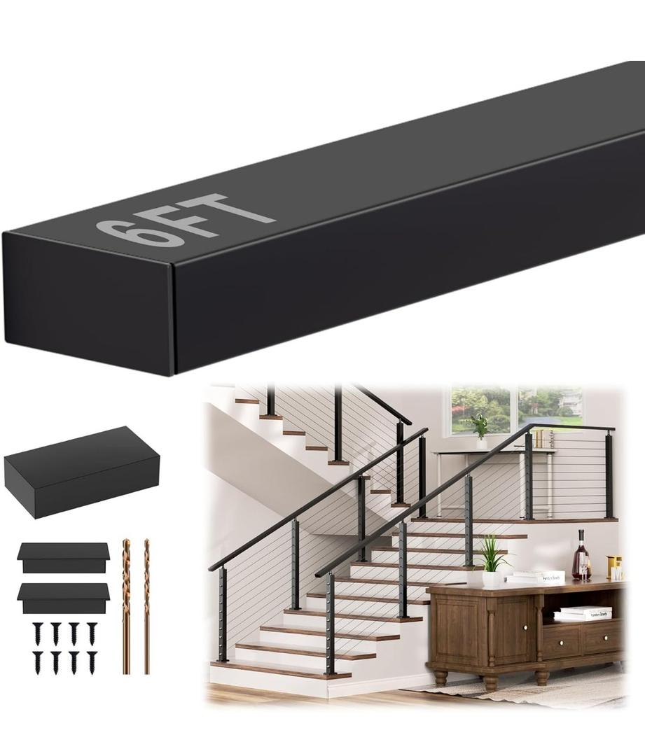 6FT Stainless Steel T304 Handrail Black with POM Connector, Black Rectangular Cable Railing Handrail Flat Deck Top Rail with SS304 End Caps for Indoor Outdoor Deck Stair Cable Railing System