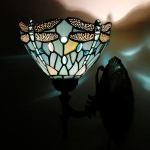 Tiffany Wall Sconce Lamp Stained Glass 8X10.5X11 Inch Plug in Wall Bedside Light for Hallway Bedroom (Sea Blue Dragonfly Style)