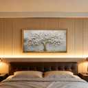 Framed 3D Texture Large Tree of Life Canvas Wall Art Gold and White Flower Big Tree Painting Picture Wall Decor Botanical Floral Poster Print Artwork for Living Room Dining Bedroom, 40"L x 20"W