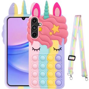 nancheng for Samsung Galaxy A15 5G Case Girls Women Case Cute Cartoon Silicone Bubble Push Pop Funny Toys with Strap Lanyard Shockproof Protective Phone Case - Rainbow