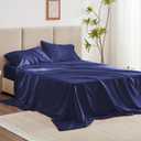 Love's cabin Satin Queen Sheets Set - 4 Piece Navy Blue Silky Bed Sheets with Deep Pocket, Luxury Silk Feel Satin Queen Size Sheet Set (1 Flat Sheet,1 Fitted Sheet,2 Pillow Cases)