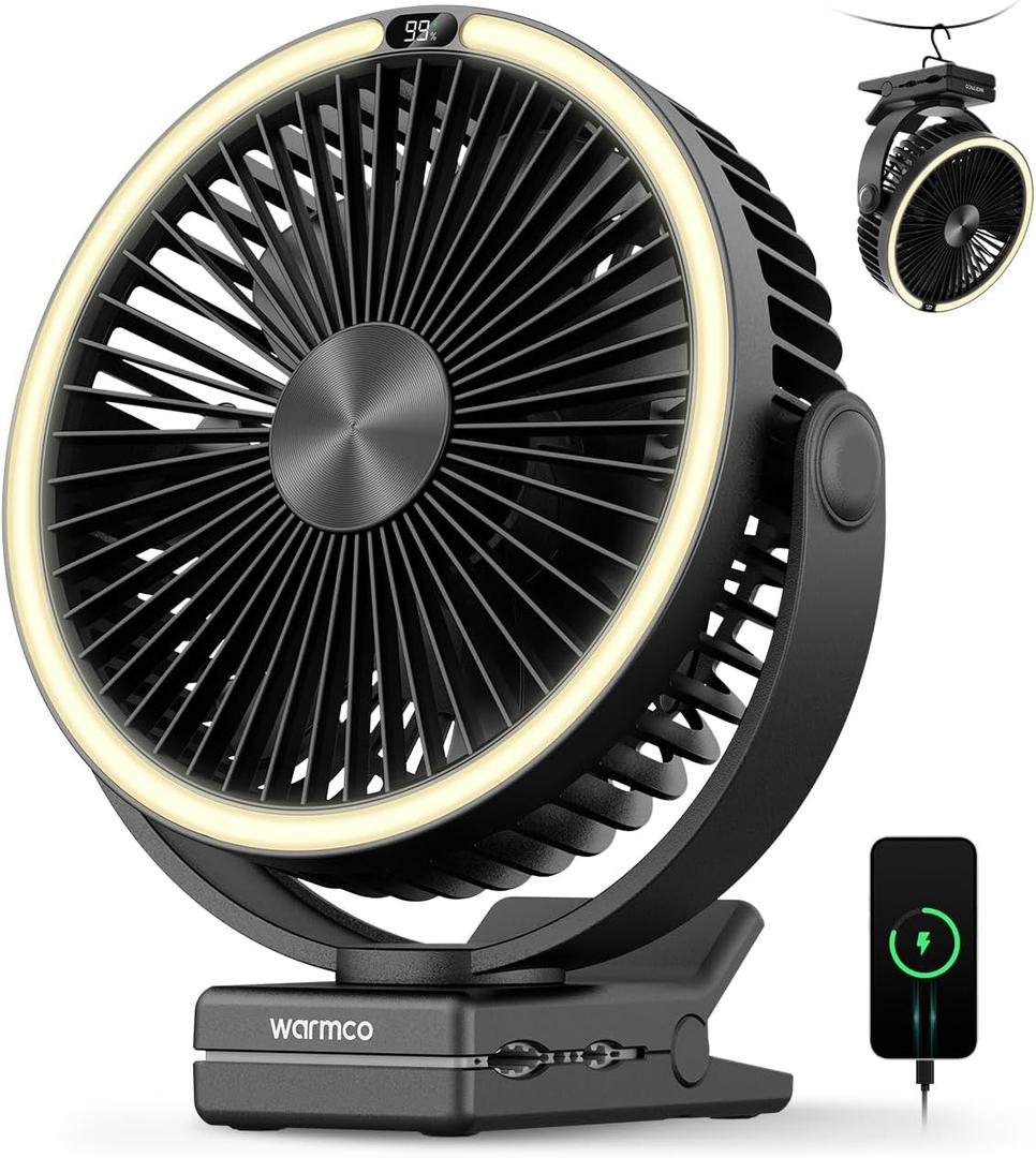 Warmco 15000mAh Portable Clip on Fan Rechargeable, 8 Inch Battery Powered Desk Fan, LED Lantern & Hook, 360° Rotate & 4 Speeds Strong Airflow for Camping Tent Office Outdoor Travel Golf Cart