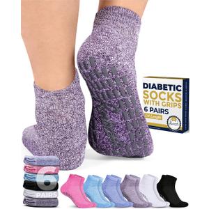 Pembrook 6 Pairs Diabetic Ankle Socks for Men & Women with Grips - 12 Colors Neuropathy Socks for Men | Non Slip | Edema (Medium)