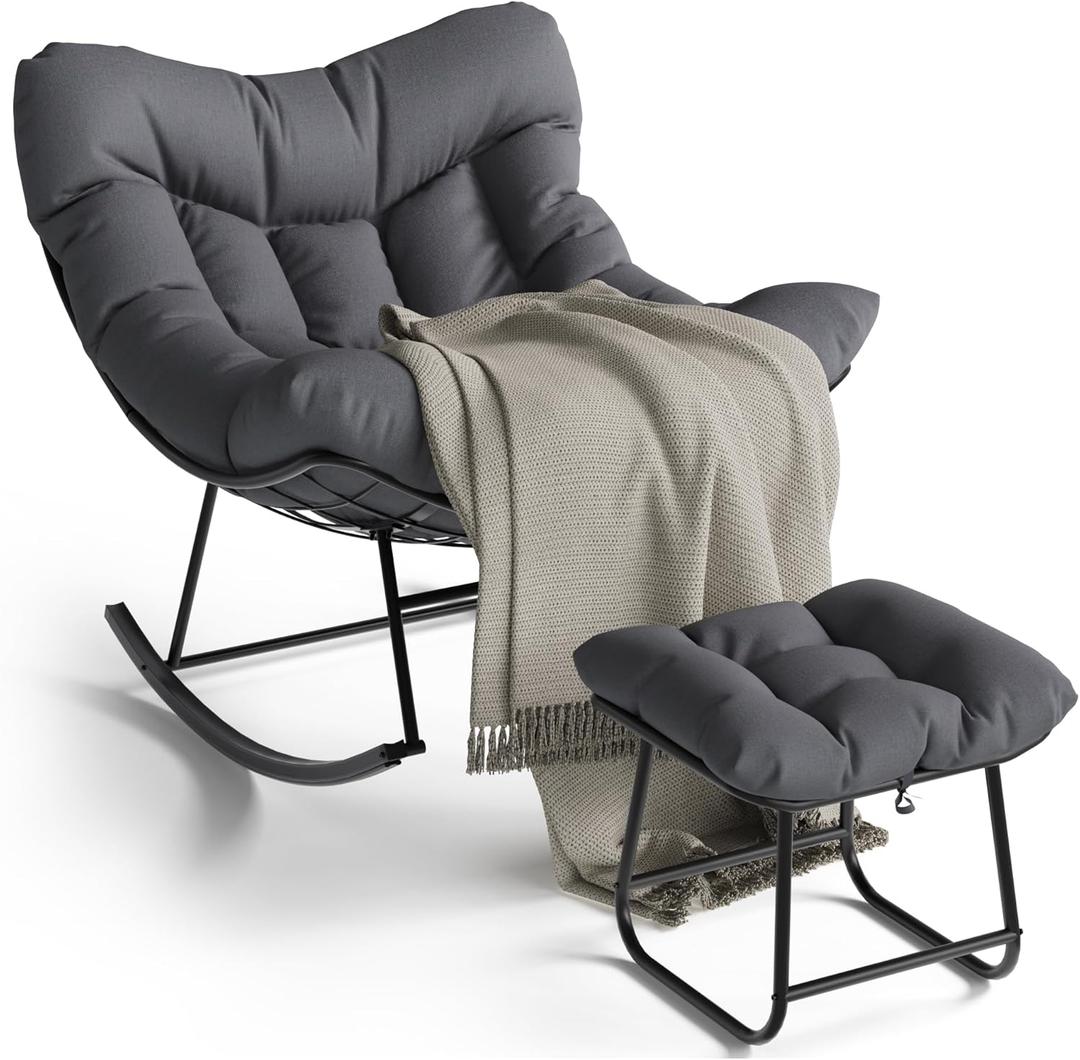 GarveeLife Outdoor Papasan Rocking Chair with Footrest, Oversized Lounge Chair with Ottoman and Sturdy Metal Frame, Patio Rattan Egg Rocker for Balcony Backyard Porch Bedroom, Grey