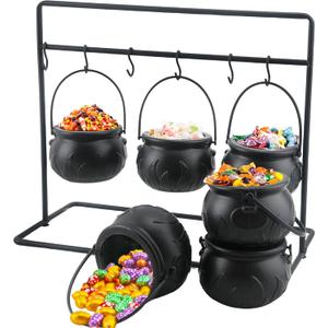 6 Pack Small Halloween Witch Cauldron Candy Bowl Plastic Black Cauldron Serving Bowls with Halloween Cauldron On Rack and 6 Pack Hook for Halloweens Party Decoration