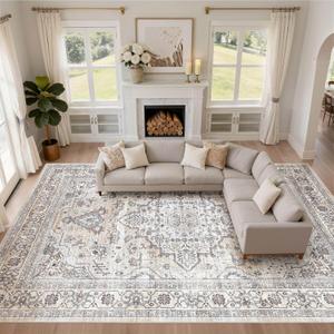 10x14 Area Rugs Living Room: Washable Boho Large Neutral Vintage Soft Rug Stain Resistant Farmhouse Non Slip Indoor Floor Carpet for Bedroom Nursery Kids Playroom Office Dining Room- Ivory Gray
