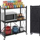 3 Tier Foldable Storage Shelves with Wheels, Metal Collapsible Organization Storage Rack, No Assembly Folding Bookshelf, Rolling Storage Rack for Kitchen, Bedroom, Pantry, Garage, Display, Black