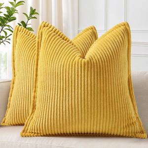 decorUhome Summer Corduroy Mustard Yellow Euro Sham Throw Pillow Covers 24x24 Set of 2 Decorative Soft Boho Farmhouse Couch Pillow Covers for Living Room Bed Sofa Broadside Striped Pillow Cases