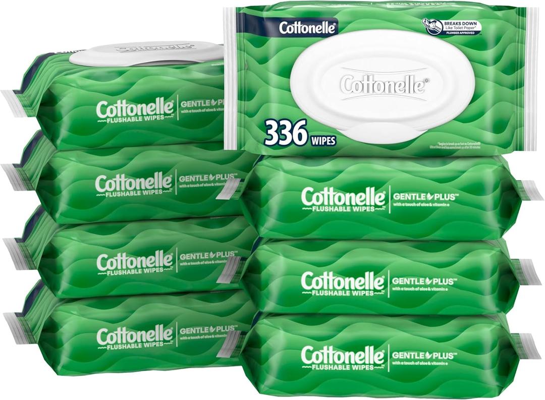 Cottonelle GentlePlus Flushable Wet Wipes with Aloe & Vitamin E, 8 Flip-Top Packs, 42 Wipes Per Pack (336 Total Wipes) 