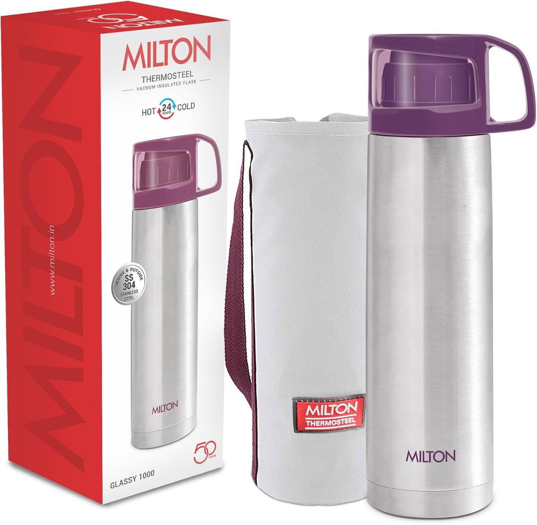 Milton for Hot Drinks 1000 ml (34 oz), 24 Hours Hot and Cold, Stainless Steel Water Bottle, Double Walled Vacuum Insulated Flask for Hot Coffee, Thermosteel, Leak Proof, Glassy, Purple