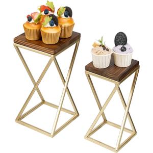 MyGift Dessert Riser Stands, Modern Twisting Geometric Brass Tone Metal and Solid Wood Pedestal Racks for Food, Merchandise, Desserts, 2 Piece Set