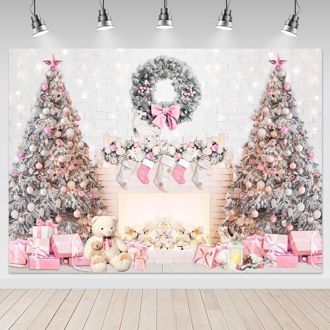 Mocsicka 10x8ft Pink Christmas Photography Backdrop Christmas Fireplace Backdrop Pink Xmas Tree Gift Background Snow Holiday Family Party Photo Studio Prop