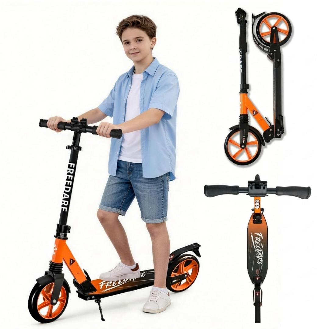 FREEDARE Kick Scooter for Kids & Adults Ages 8+, Foldable Teen Scooter with 2 Big 8-inch Wheels and 4-Level Adjustable Handlebar, Max Load 220 LBS, Orange