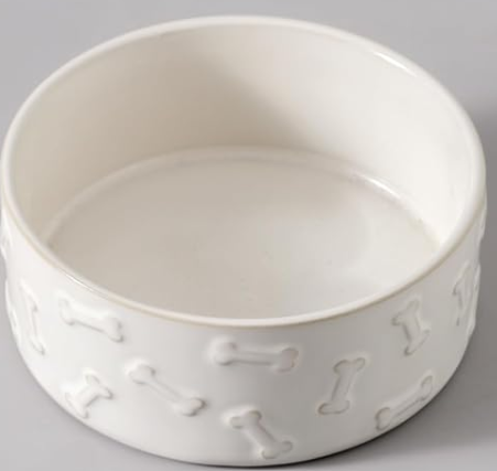 UBEE Ceramic Dog Bowl, Dog Food Bowl Dish, Pet Food Water Dish Feeding for Small and Meidum Dogs and Large Cat, White, Paw + Bone Pattern, 6.1 in-Medium