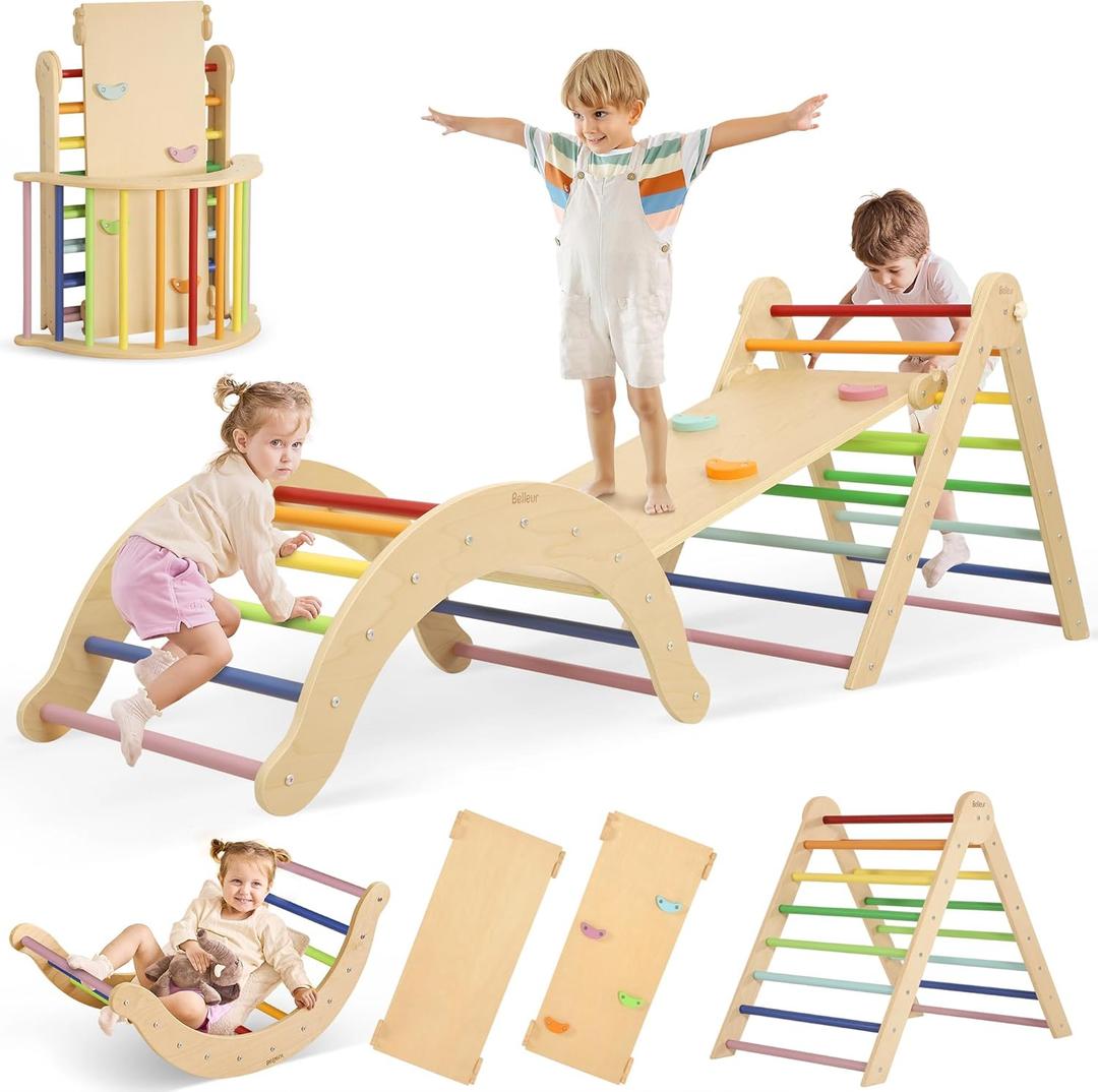 7-in-1 Climbing Toys for Toddlers 1-3 Years Old, Foldable Wooden Pikler Triangle Set Indoor, Montessori Climbing Set with Arch, Ramp & Ladder - Rainbow
