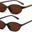 Retro Oval Sunglasses for Women Small Oval 90s Sunnies Trendy Narrow Cat Eye Vintage Shades 2 Pack