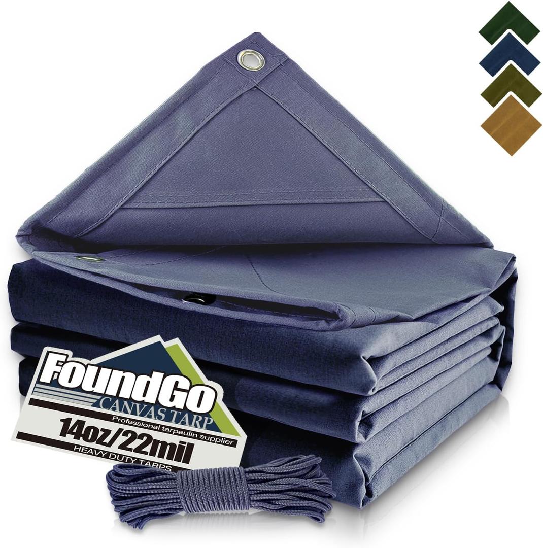 FoundGo Canvas Tarp 8x10ft Heavy Duty Waterresistant Tarps with Grommets, UV Resistant, 22 Mil Tarpaulin,14 oz Durable Cloth Covers for Car, Roof, Boat, Camp, Canopy, Woodpile with Ropes-Blue