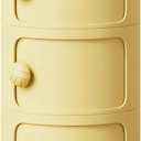 3 Tier Round Nightstand with Drawers, Plastic Yellow Nightstand Modern Round Bedside Table with Handles and Sliding Door for Bedroom, Living Room, 12.59 x 12.59 x 22.44 inches