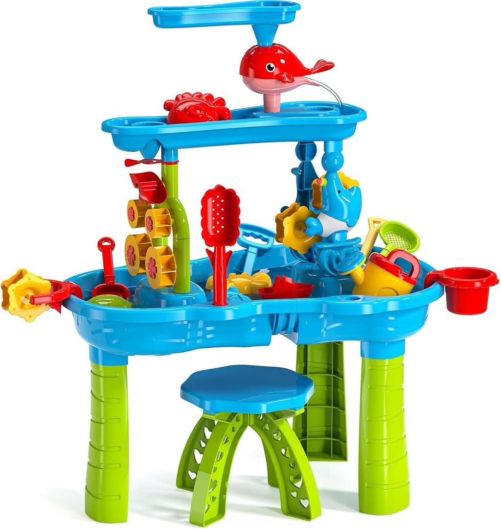 2025 Upgraded 3-Tier Water Table with Chair  Kids Outdoor Sensory Play Table for Backyard or Beach Fun, Boys & Girls (Green)