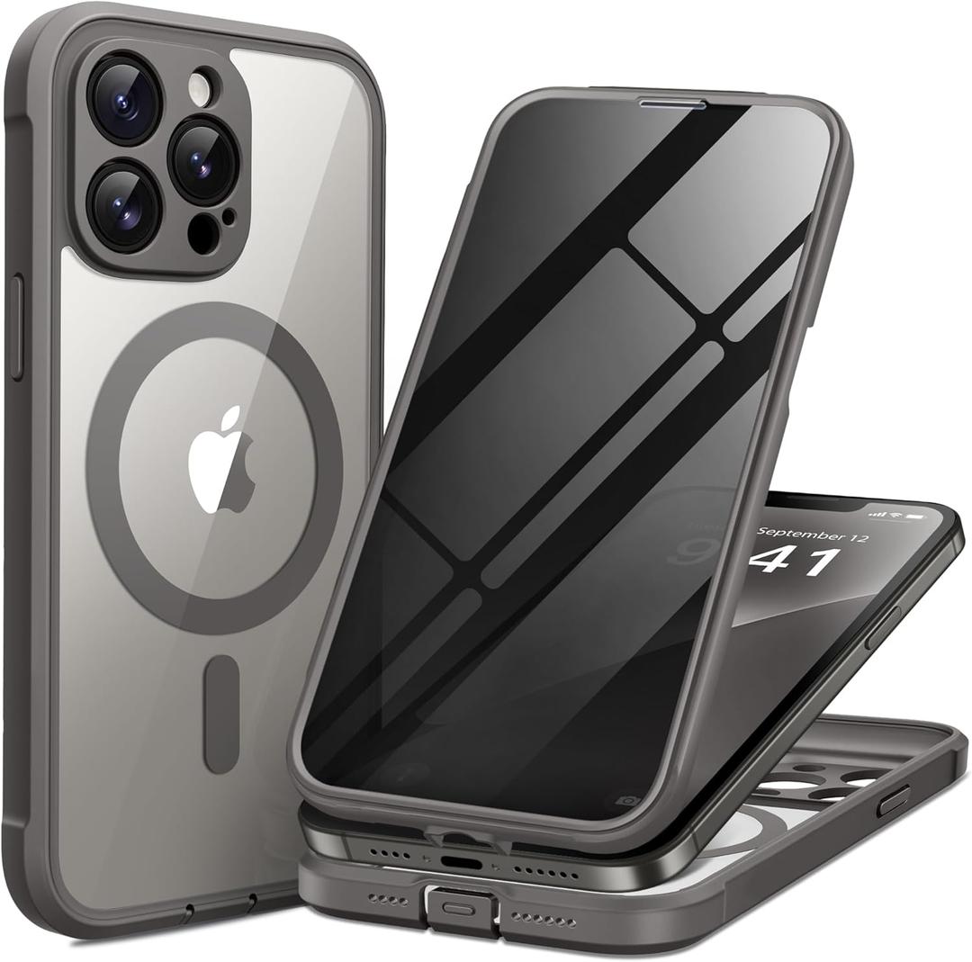 BERFY for iPhone 12 Pro Max Case, Compatible with MagSafe, Built-in Privacy Screen Protector, Camera Protection, Shockproof Full Body Phone Case 6.7", Clear Grey