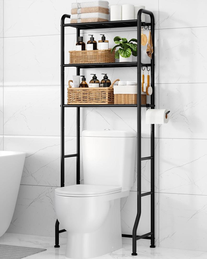 Over Toilet Storage Rack - Metal Over Toilet Bathroom Organizer Shelf, Over The Toilet Storage Cabinet with Paper Holder and Hooks, Bathroom Cabinet for Laundry, Black, 3 Tiers (63.2" H)