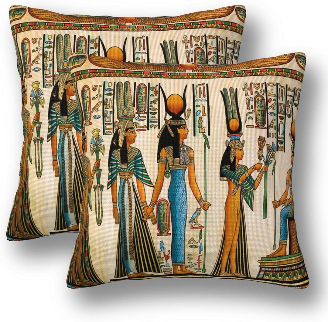 Egyptian Pillow Covers 18 x 18 Set of 2 Vintage Ancient Linen Throw Pillow Cover Queen Nefertari Decorative Pillowcases Farmhouse Home Decor for Couch Bed Sofa Outdoor, Churent-P0327-PC004