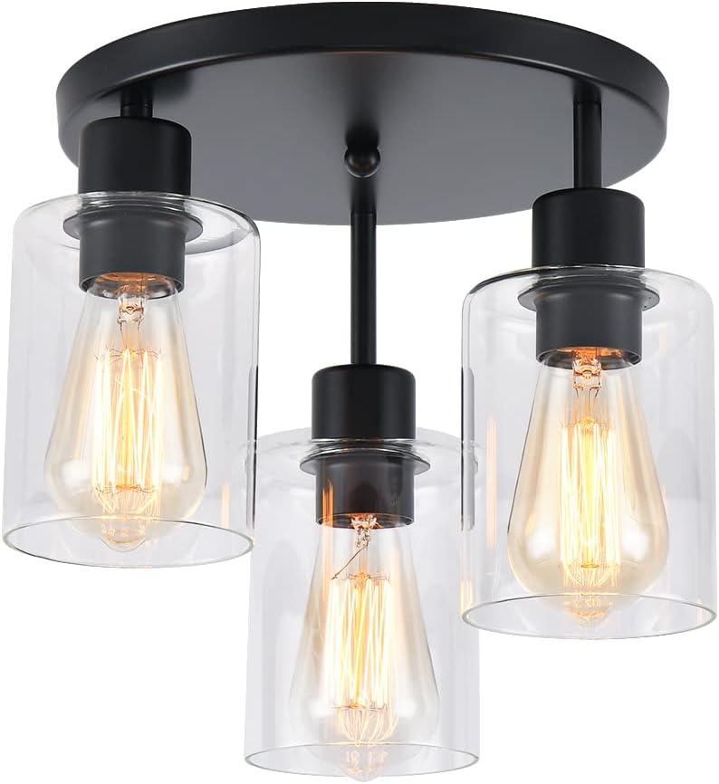 3-Light Industrial Farmhouse Black Matte Light Fixtures Ceiling Mount, with Clear Glass Shades Semi Flush Mount Ceiling Light, for Hallway Fixtures Kitchen, Foyer
