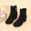 PANDANINJIA Girls Boots Fashion Square-Toe Dress Boots Low Heel Alyssa Ankle Booties with Zipper for Toddler Little Kids Big Kids (Black Suede)