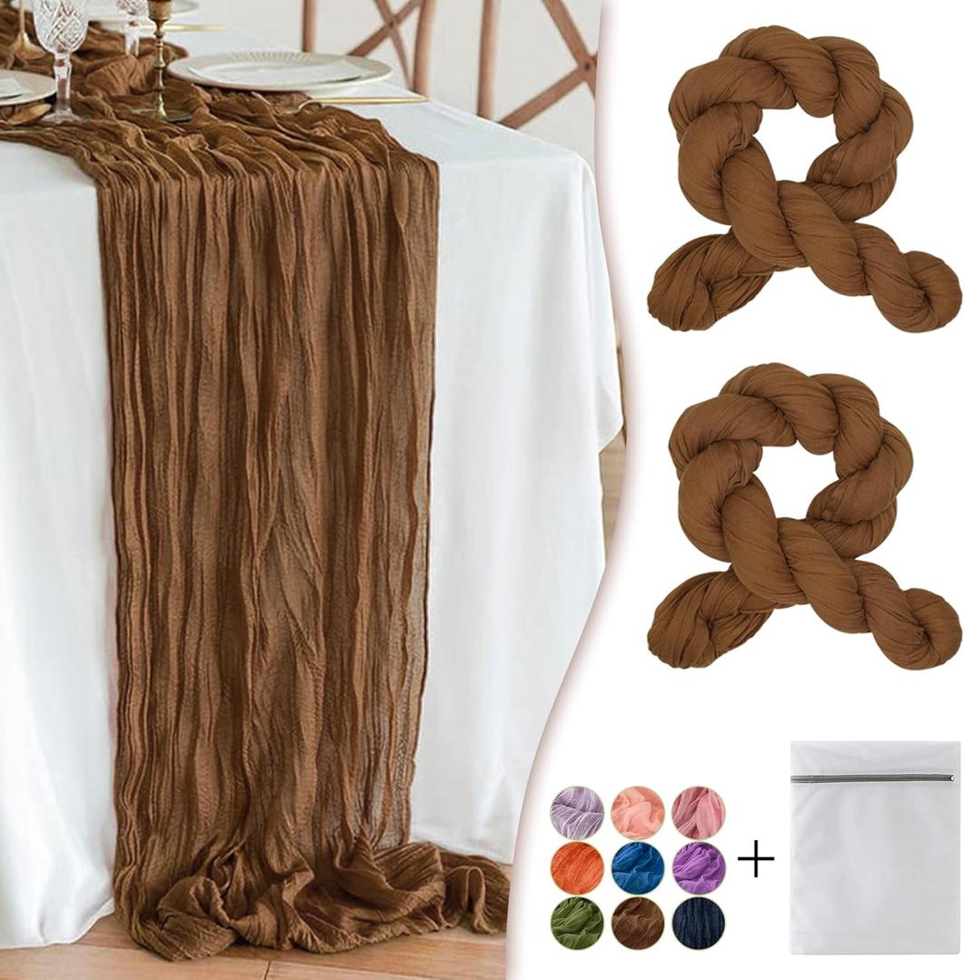 Brown Cheesecloth Table Runner 2 Pack 35" Boho Gauze Table Runner 120 inches Long Rustic Sheer Fabric Bulk for Baby Shower Wedding Bridal Birthday Party Picnic Decorations