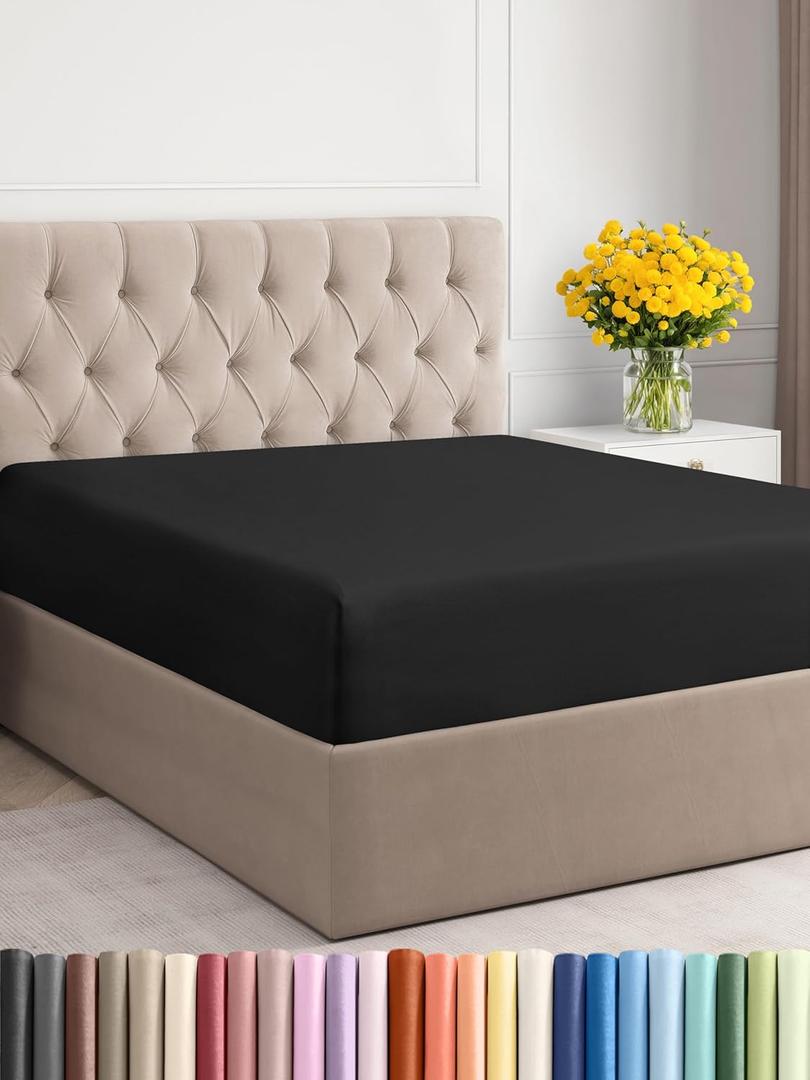 Twin Size Fitted Sheet - Hotel Luxury Single Sheet - Fits Mattress Up to 16 - Extra Soft, Wrinkle Free, Breathable, and Cooling - Bottom Sheet - Black