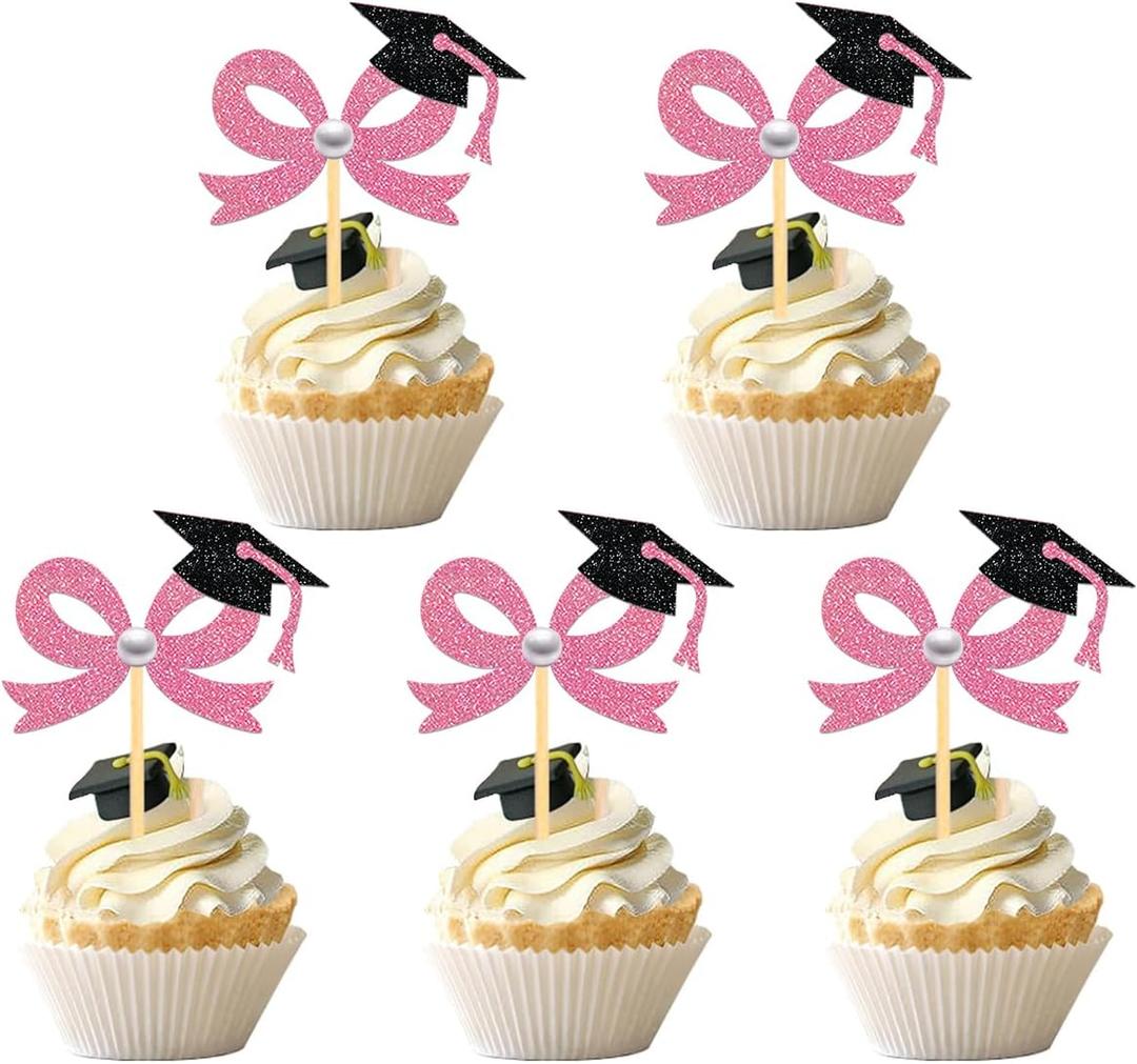 24 Pcs Pink Bow Graduation Cupcake Toppers, Grad Bow Cupcake Picks- Class of 2026 Cupcake Toppers for Graduation Party Decorations (Pink)