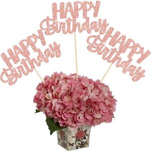 Gyufise 12Pcs Happy Birthday Centerpieces Sticks Double Sided Glitter Birthday Party Decorations Anniversary Table Flower Centerpiece for Celebrating Party Supplies Rose Gold
