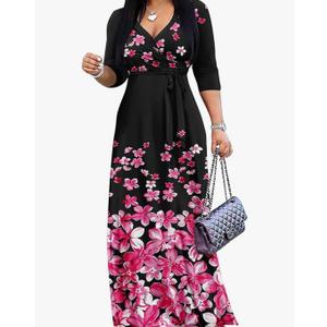 FANDEE Plus Size Maxi Dress for Women Casual Summer Sundress V-Neck 3/4 Sleeve, Broken Flowers, XL