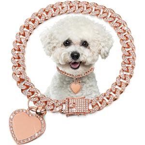 Hillban Dog Chain Gold-Plated Diamond Collar with Heart Rhinestones Jewelry Pet ID Tag Chain Bling Puppy Collar with Personalized Name Tag for Dog Cat(Rose Gold,8 Inch)