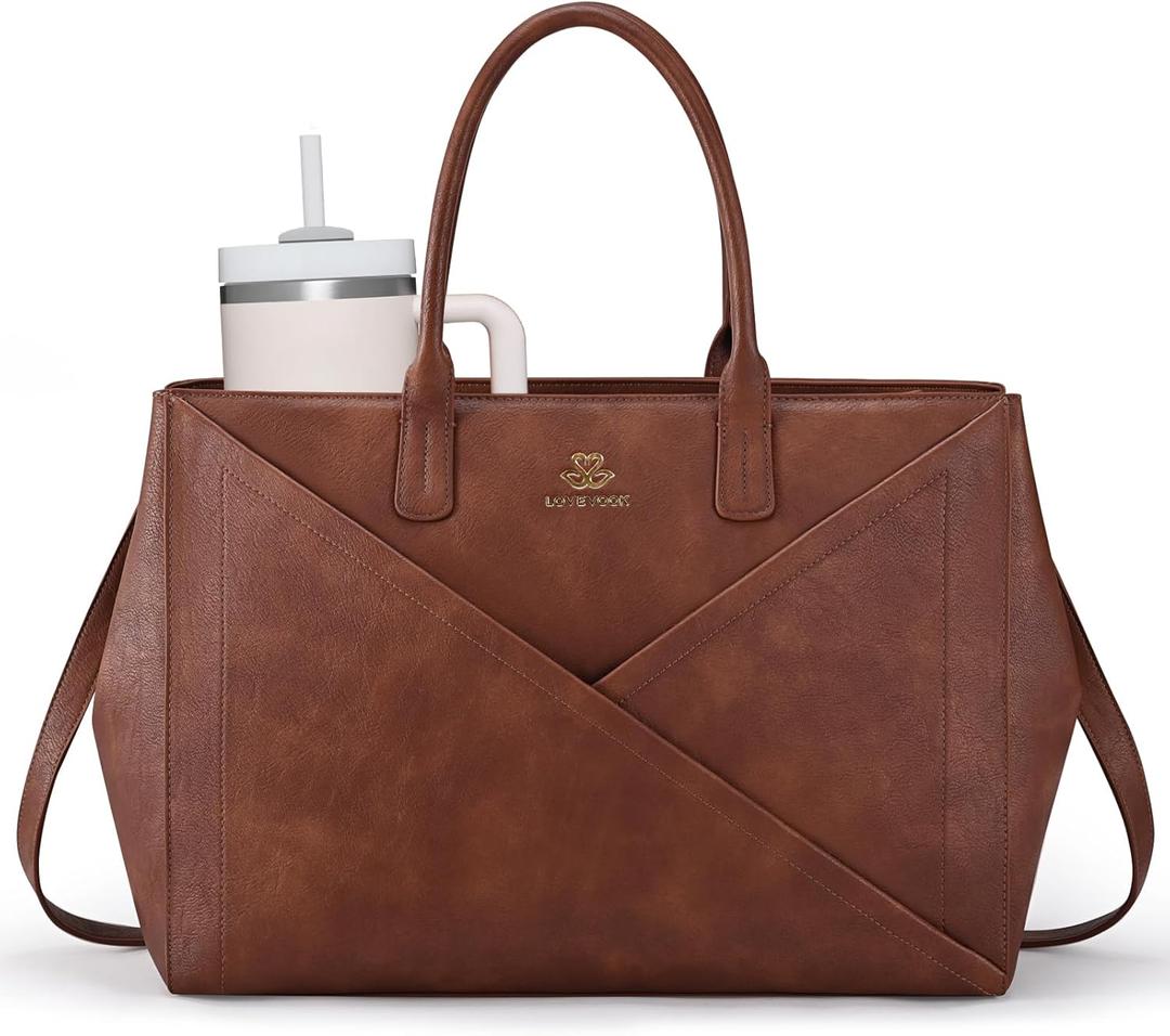 LOVEVOOK Laptop Tote Bag for Women with Large Cup Holder, 15.6 Inch PU Leather Work Bag Teacher Tote Bag, Waterproof Computer Bags Business Office Briefcase Handbag (Retro Brown)
