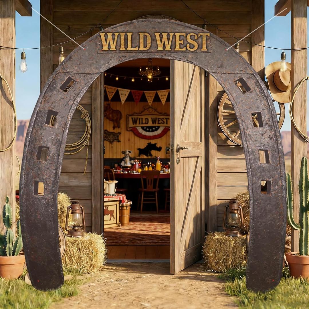Preboun 74.8 x 78.74 Inches Western Cowboy Party Decoration Western Cowboy Backdrop Wild West Horseshoe Curtain Banner Decor Rustic Background Hanging Supplies for Indoor Outdoor Bar Decor