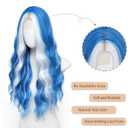 YBYMCAI Blue with White Highlights Wig Long Wavy Wigs for Women Middle Part 26 inch Natural Curly Synthetic Wig Heat Resistant Fiber Wigs for Daily Party Use