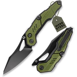 Hightron Spectron Pocket Knife, 3.05" M390 Blade and Nylon Fiber Handle, Folding Tactical Knife for Men Women Everyday Carry Clip-On Pocket Knives for Camping Hunting Green&Black