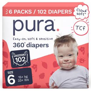 Pura 360 Diaper Pants Size 6 (33+lbs) 102x Stretchy Night Time Pull Ups, 12 Hour Overnight Leak Protection, Soft Cotton, Organic Baby & Toddler Disposable Diapers, Hypoallergenic for Sensitive Skin