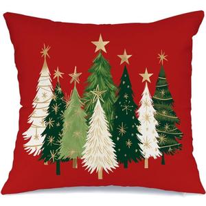 AACORS Christmas Pillow Cover 18X18 Inch Watercolor Christmas Tree Stars Decoration Holiday Farmhouse Winter Pillow Case for Sofa Couch DecorRed AA231-18