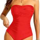 Smismivo Tummy Control Swimwear Strapless One Piece Swimsuit Ruched Bathing Suits for Women Slimming Bandeau Tube Top Bikini (Small)