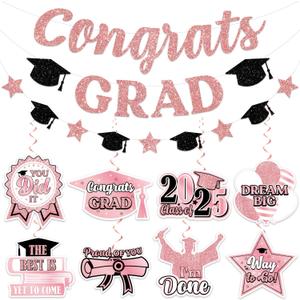 Pink Graduation Decorations 2025, Pink Graduation Party Decorations includes Glitter Congrats Grad Banner Garland, Class of 2025 Hanging Swirls, College or High School 2025 Party