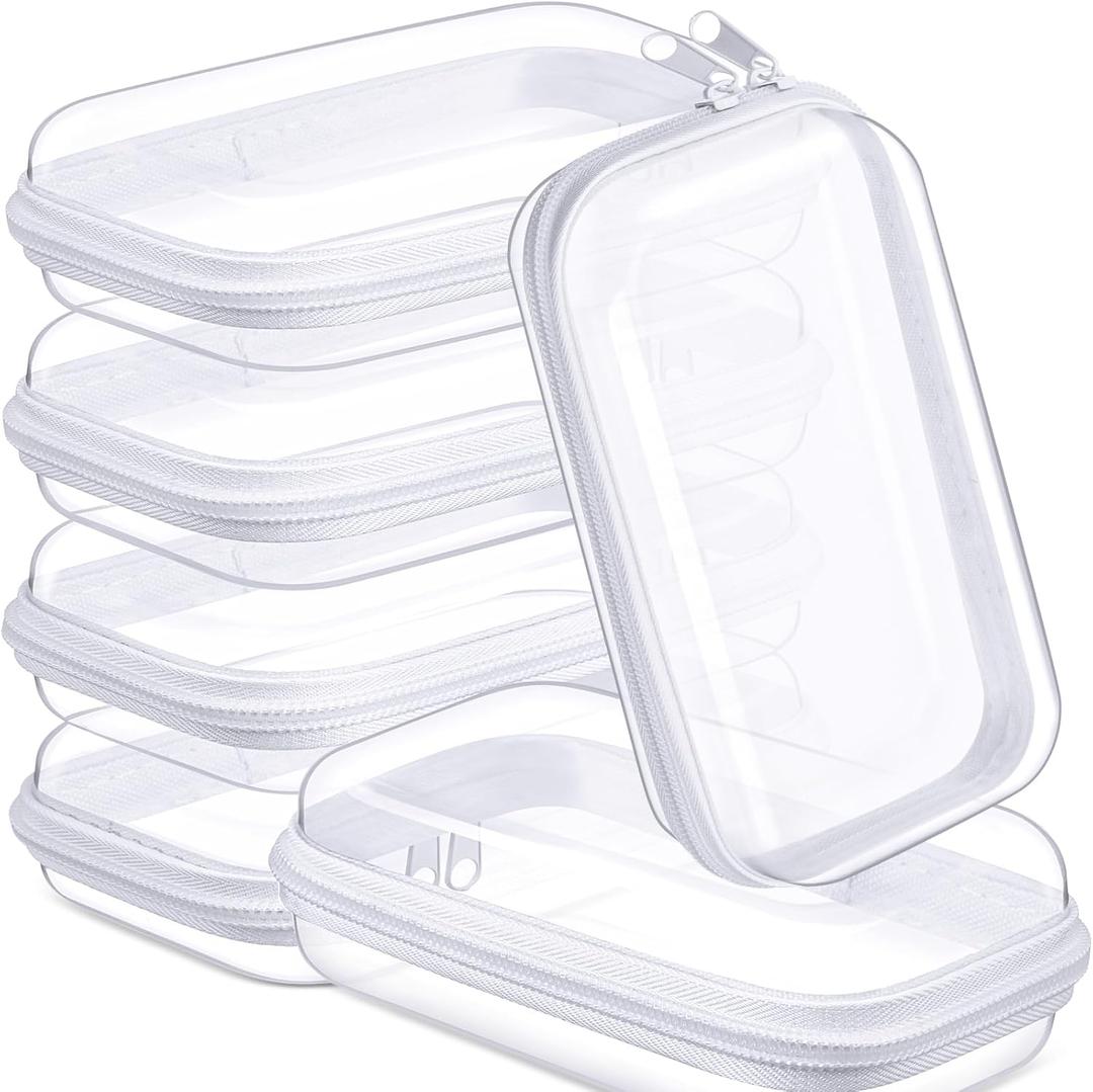 Sanwuta 6 Pcs Clear Hard Zipper Case Hard Plastic Zipper Pouches Makeup Bag Transparent Cases for Snacks Plastic Storage Organizer Portable Box for Travel (7.48 x 3.94 x 2 Inch, White)