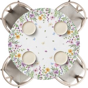 Horaldaily Spring Fitted Tablecloth 60 Inch Round, Spring Daisy Floral Flowers Butterfly Washable Table Cover Elastic Edged for Dinning, Picnic, Camping, Banquet (White)